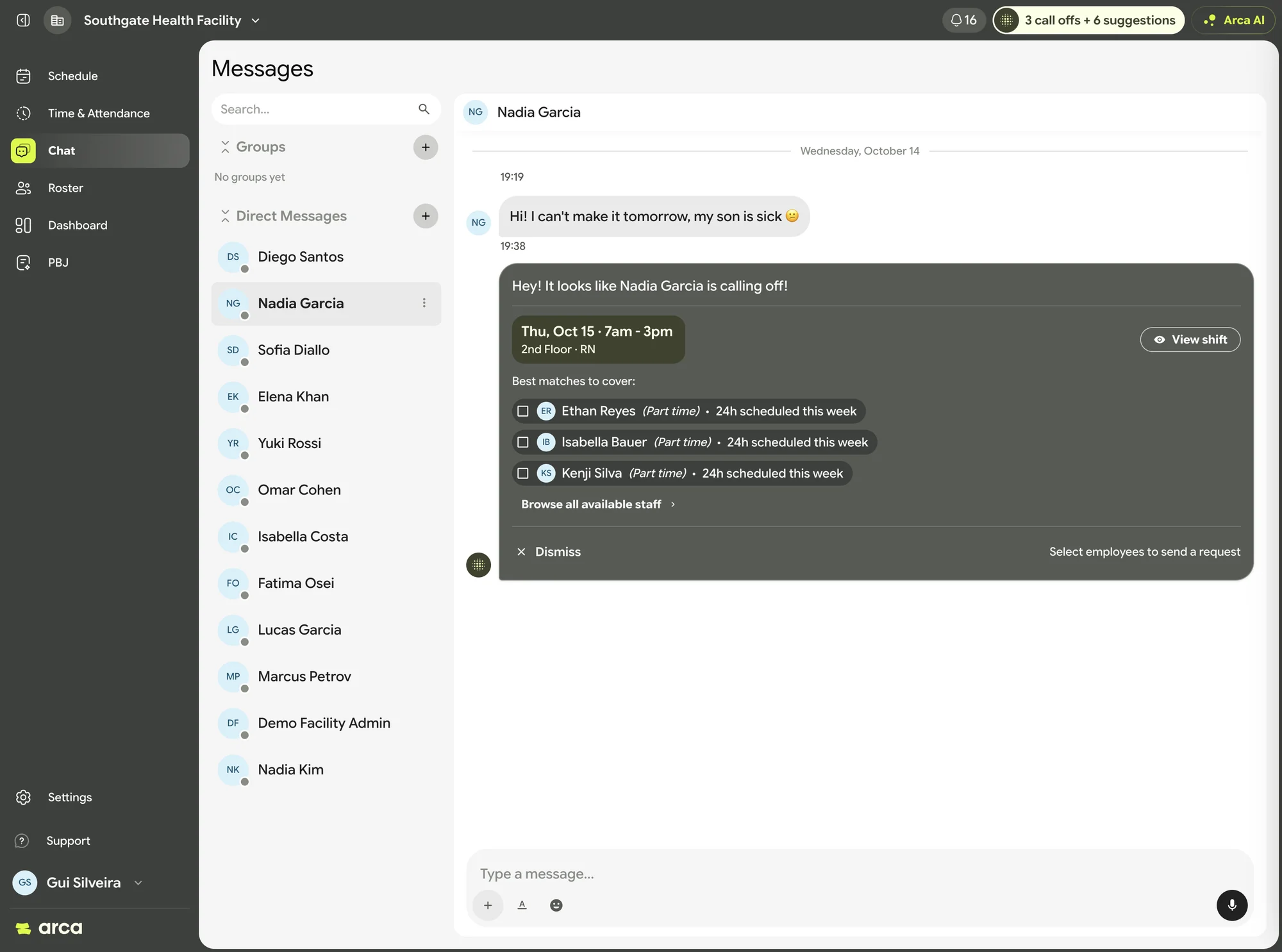 Arca chat: a worker calls off and SmartOps suggests who can cover, right in the conversation