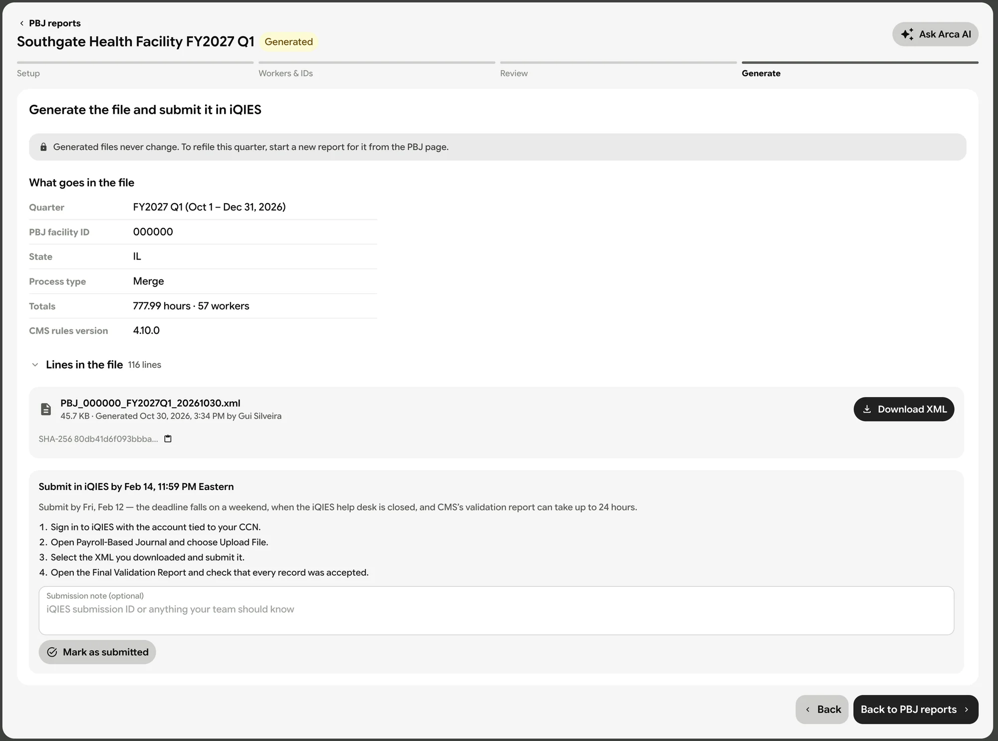 Arca PBJ report ready to submit: the quarter, totals, the generated file and the steps to send it to CMS