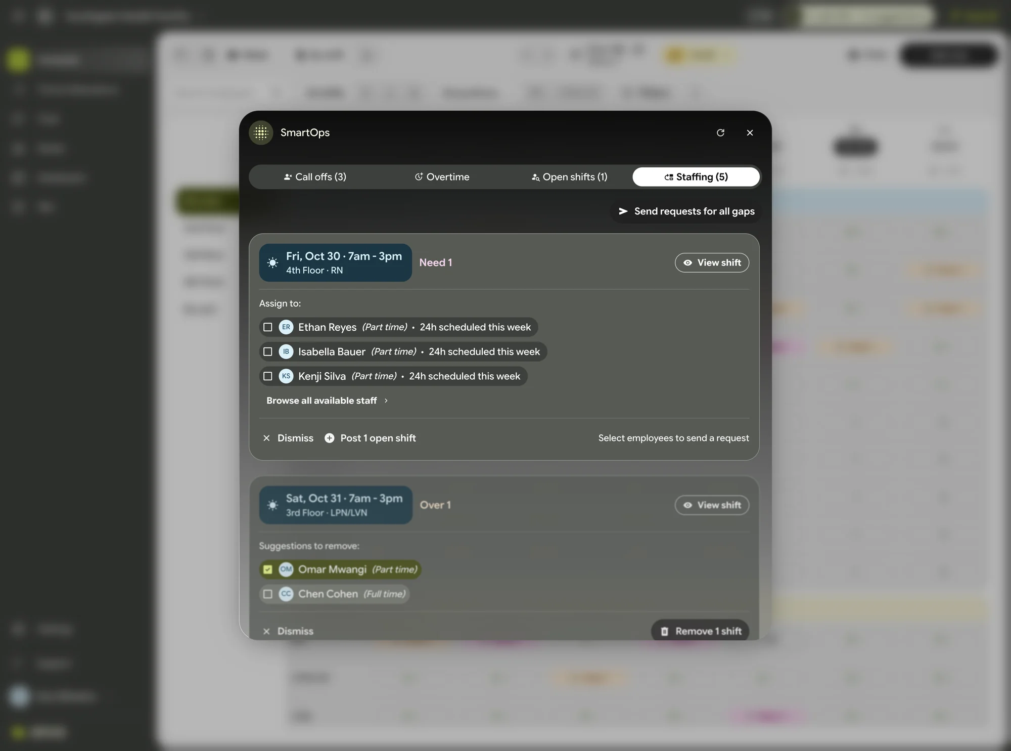 SmartOps staffing tab: where a unit needs someone, who to assign, and who to move off an overstaffed shift