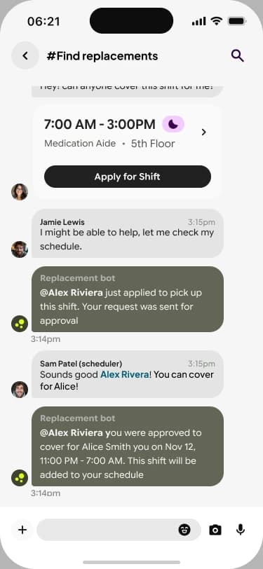 New #Find replacements channel where a bot offers an open shift