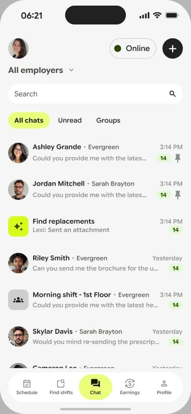 New chat list with conversations and filters