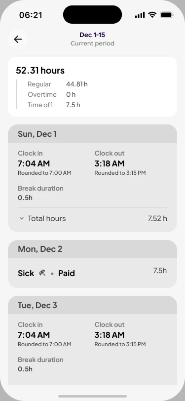 New time cards for each day of the pay period