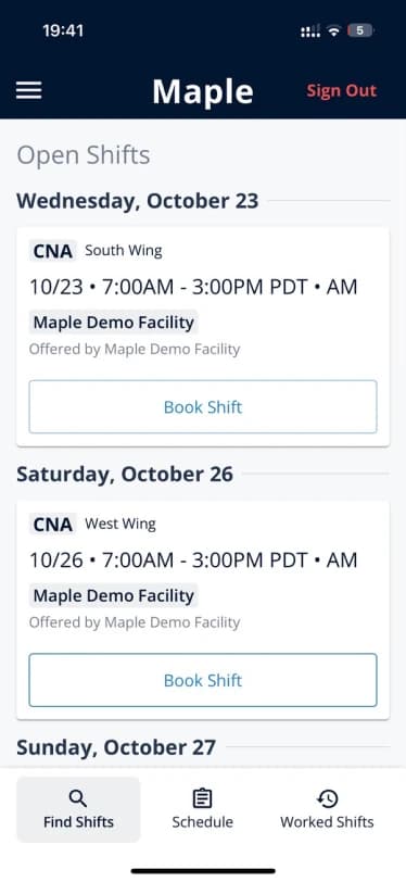 Old Maple app: open shifts list
