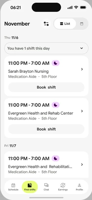 New find shifts list grouped by day