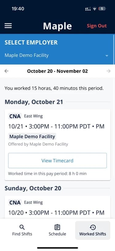 Old Maple app: worked shifts grouped by pay period