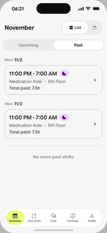 New past shifts list with the total paid on each shift