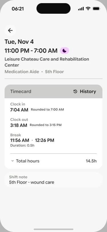 New shift details with the time card and its edit history