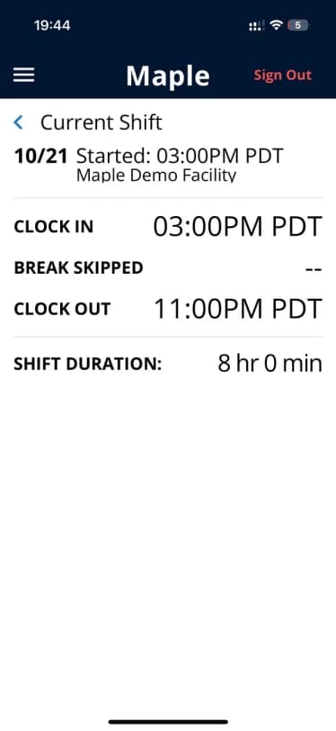 Old Maple app: current shift with clock-in and clock-out times
