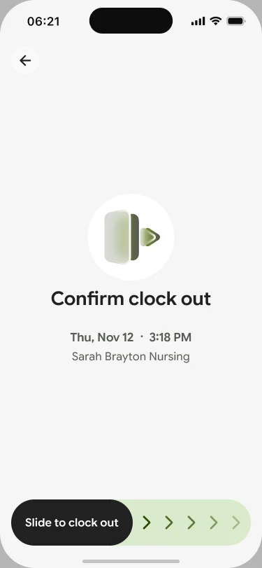 New confirm clock out screen with slide to clock out