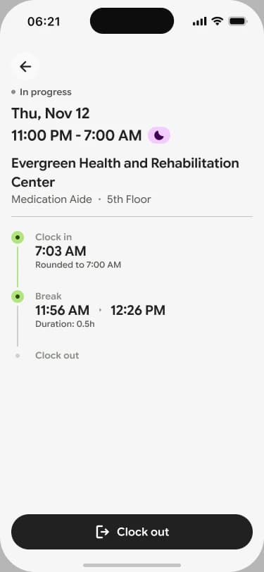 New shift in progress with a clock-in and break timeline