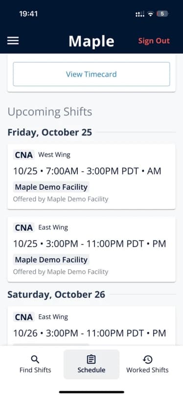 Old Maple app: upcoming shifts as a list of cards