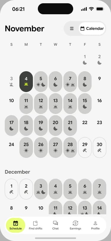 New calendar view with shifts on each day