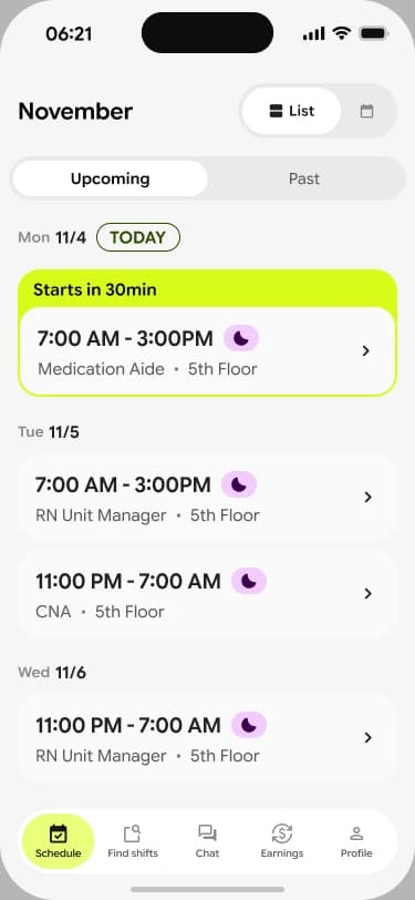 New schedule list with the next shift highlighted